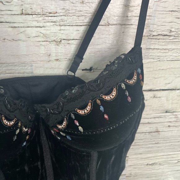ROSELLE La Vie En Rose black beaded rhinestone sequin corset bra padded Sz 36c - Picture 5 of 10